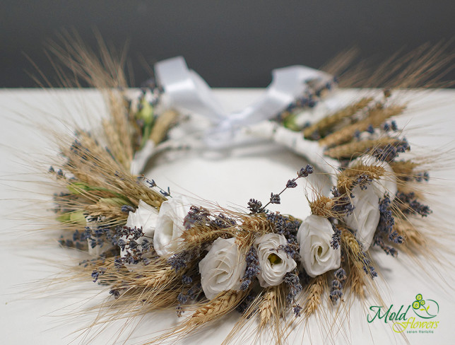 Комплект : Букет невесты и венок из пшеницы и белой эустомы Фото